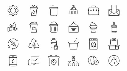 "Clean and professional waste management outline icons illustrating garbage disposal, recycling bins, eco-friendly solutions, and sanitation equipment in line style"