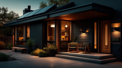 Fototapeta premium Peaceful modern home glowing at twilight with solar panels