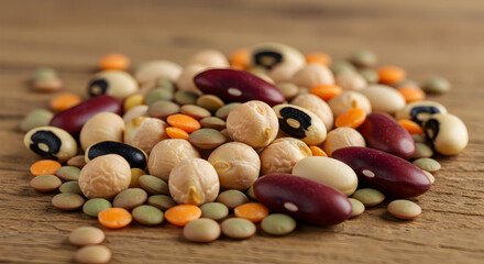 Assorted Dried Legumes Showcase On Wooden Surface For Healthy Diet