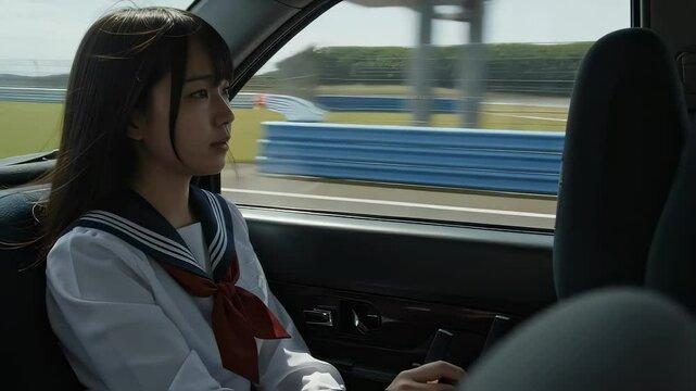 走行中の自動車の後部座席に座っている女子高生。コースのような場所を走っている