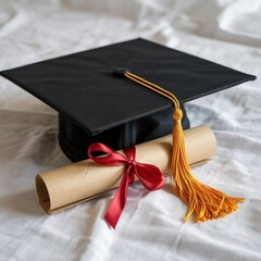 A golden tassel graduation cap and rolled-up diploma, tied with a red ribbon, symbolize academic achievement, success, and celebration of graduation.