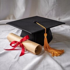 A golden tassel graduation cap and rolled-up diploma, tied with a red ribbon, symbolize academic achievement, success, and celebration of graduation.