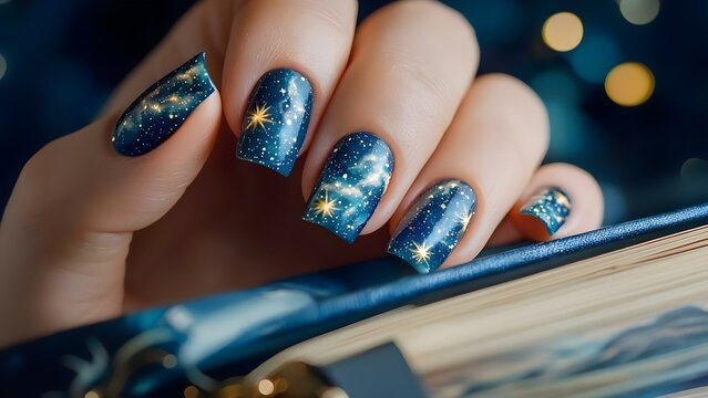 A hand with beautifully painted galaxy-themed nails featuring stars and a cosmic design. Concept Galaxy-Themed Nail Art, Cosmic Design, Starry Nails, Creative Nail Painting, Celestial Aesthetics