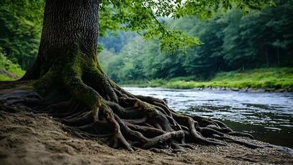 A tree with exposed roots near a riverbank, surrounded by lush greenery and serene water. Concept Exposed Tree Roots, Serene Riverbank, Lush Greenery, Nature Photography, Tranquil Landscape