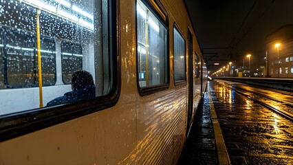 A rainy night scene at a train platform, showcasing a train with wet windows and glowing lights reflecting on the pavement. Concept Rainy Night Atmosphere, Train Platform Aesthetics
