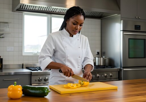 Professional Chef Cutting Yellow Bell Pepper in Modern Kitchen, Food Preparation.