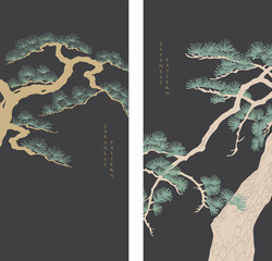 Japanese background with line bonsai tree pattern vector. Abstract template with geometric wave pattern. Natural layout design in oriental style