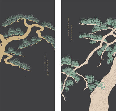 Japanese background with line bonsai tree pattern vector. Abstract template with geometric wave pattern. Natural layout design in oriental style