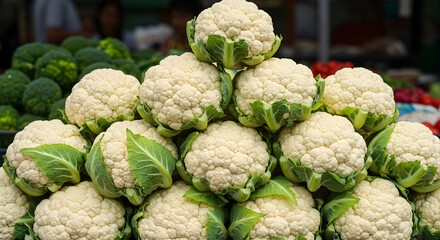 Fresh Cauliflowers Piled High At A Vibrant Farmers Market Stall Display