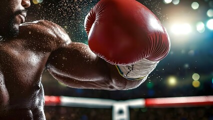 A close-up of a boxer throwing a punch, wearing red gloves, with droplets of sweat and an illuminated boxing ring in the background. Concept Boxing Action Shot, Close-Up Photography