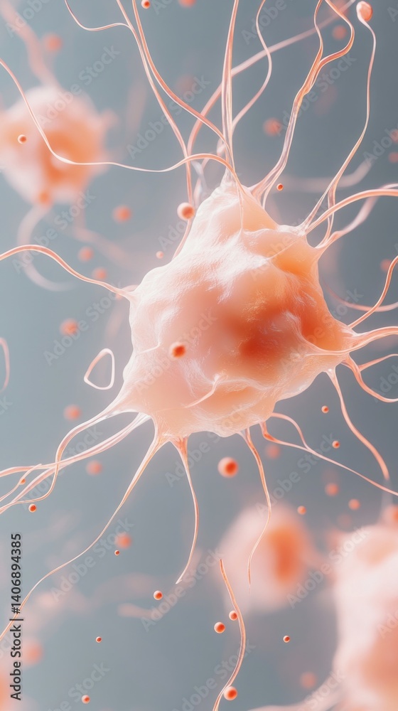 Poster intricate neural cell structures interact with technology, showcasing the fusion of biology and arti