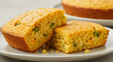 Two Slices Of Cornbread with Peppers on A White Plate