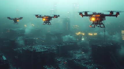 Naklejka premium A futuristic drone fleet collecting waste in a glowing, eco-friendly urban setting