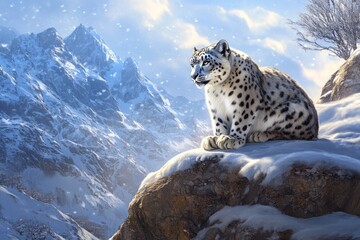 Fototapeta premium Majestic snow leopard perched on a snowy mountaintop, overlooking a breathtaking winter landscape.