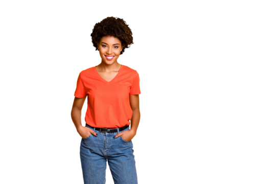 Copyspace photo of cheerful charming cute nice pretty sweet lovely girlfriend afro american holding hands in pockets wearing denim smiling toothily isolated with bright color background