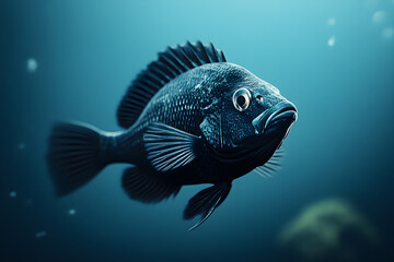 Obraz premium Black fish swimming underwater in ocean scene with bubbles and marine life background