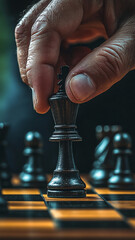 A close-up of a hand moving a chess piece on an elegant wooden board, emphasizing its shape and texture.