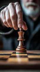 A close-up of a hand moving a chess piece on an elegant wooden board, emphasizing its shape and texture.