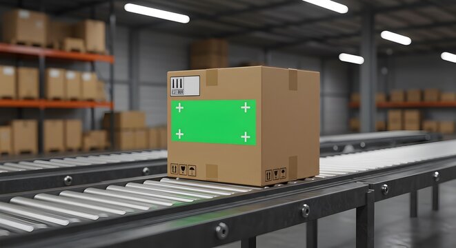 Cardboard Box on Conveyor Belt in a Modern Warehouse ready for Delivery - Powered by Adobe