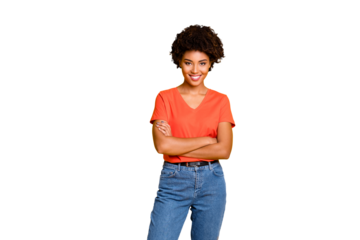 Photo of cheerful nice cute charming fascinating attractive girlfriend standing confidently with hands folded wearing jeans denim isolated with yellow vivid color background