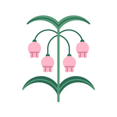 Gentle spring flower with nodding buds. Floral branch, blooms on curved stem. Wildflower plant with leaves. Delicate botanical design element. Flat vector illustration isolated on white background