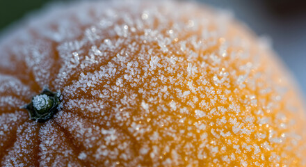 Frosty Delight Macro Showing Iced Crystals on Citrus Fruit Surface