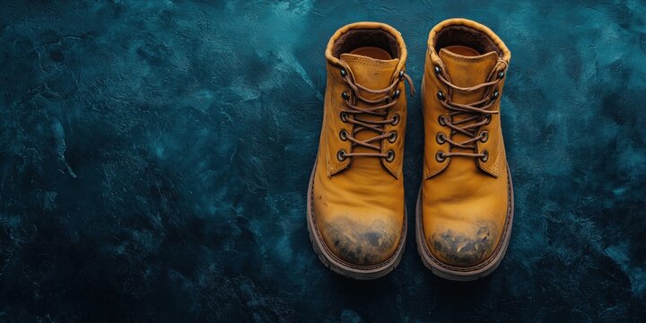 Worn yellow work boots on textured blue background showcasing rugged footwear style