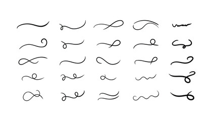 Hand drawn collection of curly swishes. doodle freehand lines. calligraphy swirl. swashes. smooth pencil lines and strokes