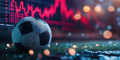 Soccer ball on grass with financial market graph background and bokeh lights