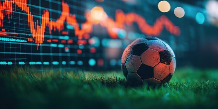 Soccer ball on grass with financial data background showcasing sports analytics