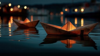 Obraz premium Peaceful paper boats floating on twilight water