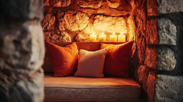 A cozy stone alcove features a cushioned seat illuminated by the warm glow of three candles led on a shelf above soft orange and cream pillows creating a tranquil and inviting