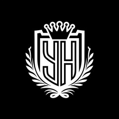 YH Letter logo heraldic shield shape with crown on black background template design