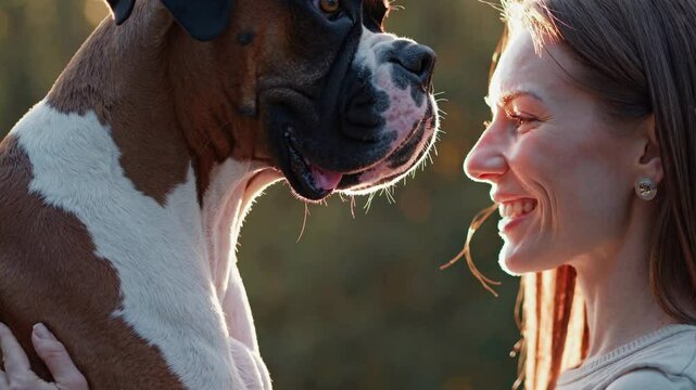 Gentle woman sharing emotional connection with boxer dog in golden light