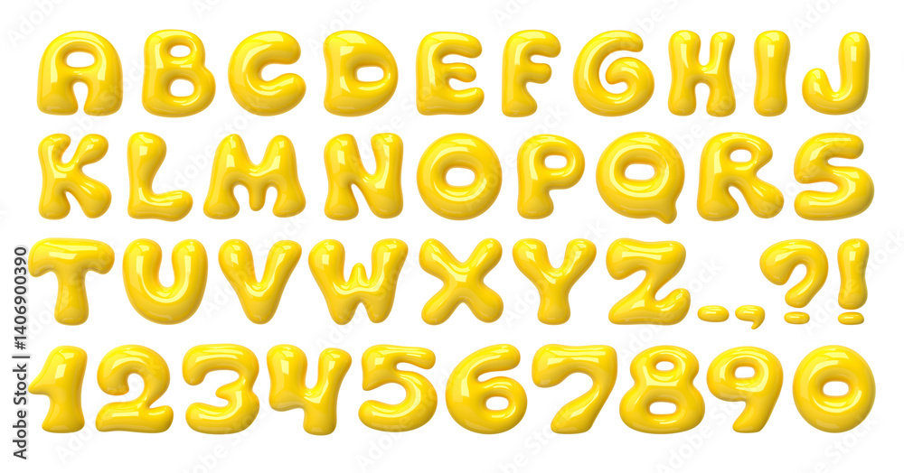 Fototapete bold bubble font. 3d yellow plastic typescript. y2k alphabet. groovy letters and numbers. three-dime