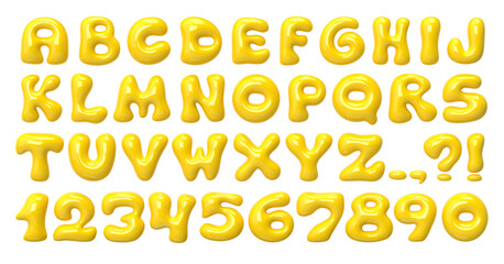 Bold bubble font. 3D yellow plastic typescript. Y2K alphabet. Groovy letters and numbers. Three-dimensional round typeface isolated on transparent background