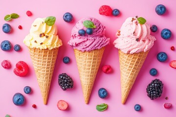Colorful ice cream cones with berries