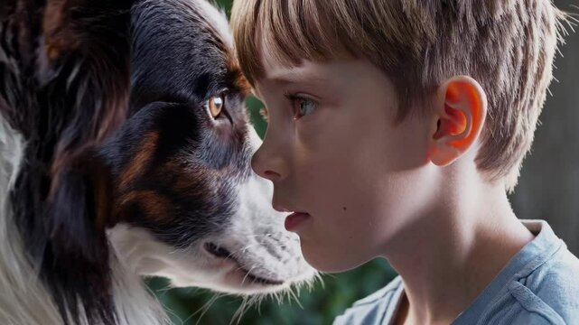 Serious young boy in profile with attentive pointer dog in outdoor setting