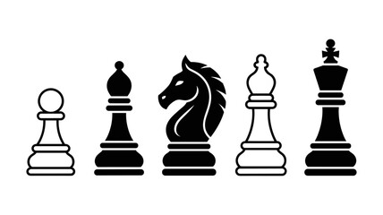 Chess Pieces: A graphic representation of diverse chess pieces displayed in striking monochrome, evoking a sense of strategic depth and intellectual competition. © bddesigner15