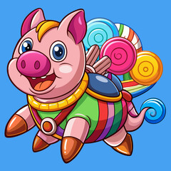 Naklejka premium Flying pig with jetpack soaring over vibrant Candyland in a whimsical, adventurous fantasy scene.