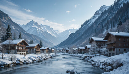 Fototapeta premium Winter Wonderland: Snowy Village in Valley