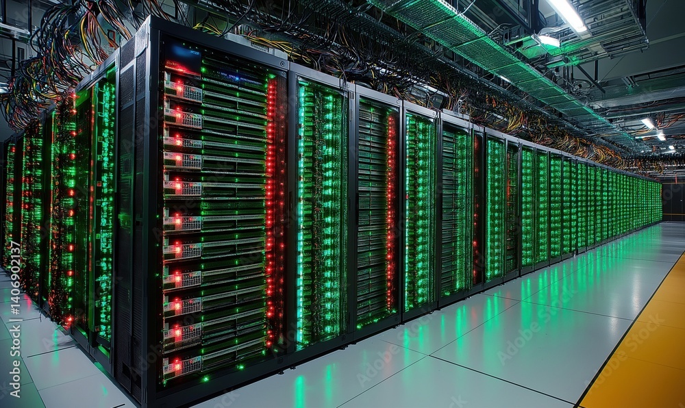 Poster data center with illuminated server racks showcasing advanced technology and infrastructure