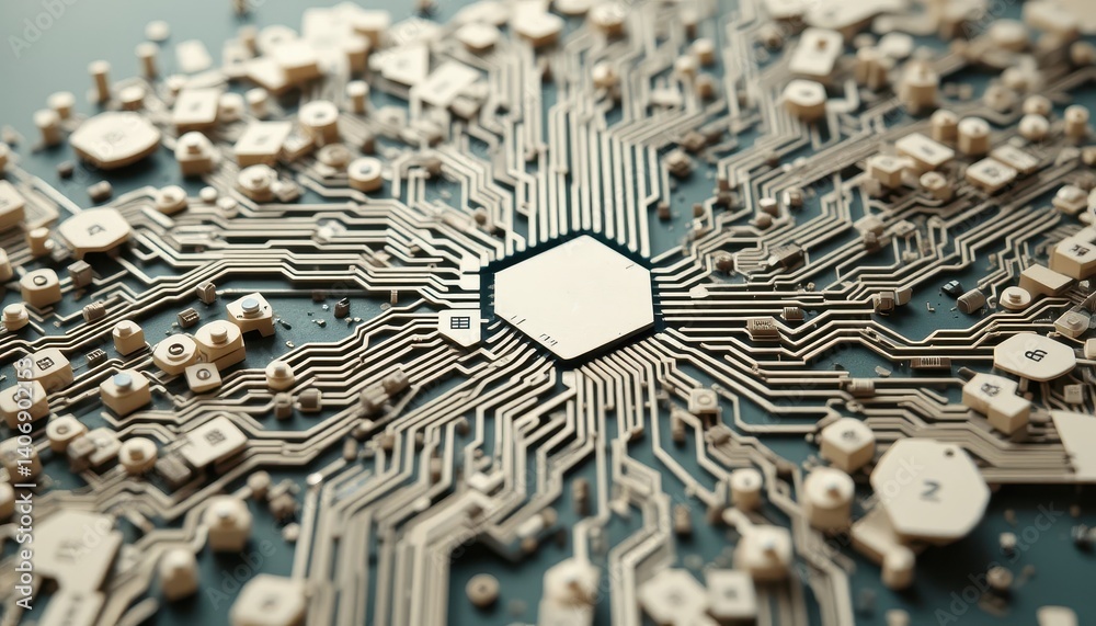 Poster Unique circuit design featuring a white square on top illustrating the complexity of modern electronics and innovation