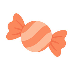 Cute cartoon candy with peach stripes and wrapping. Sweet dessert in flat vector style.