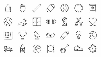 Naklejka premium Minimalist linear icons related to sports and fitness gear including items for activities like football basketball tennis and more suitable for health and gym branding