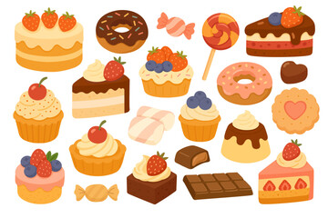 Cute cartoon desserts collection with cakes, donuts, cupcakes and candies. Flat vector illustrations for design.