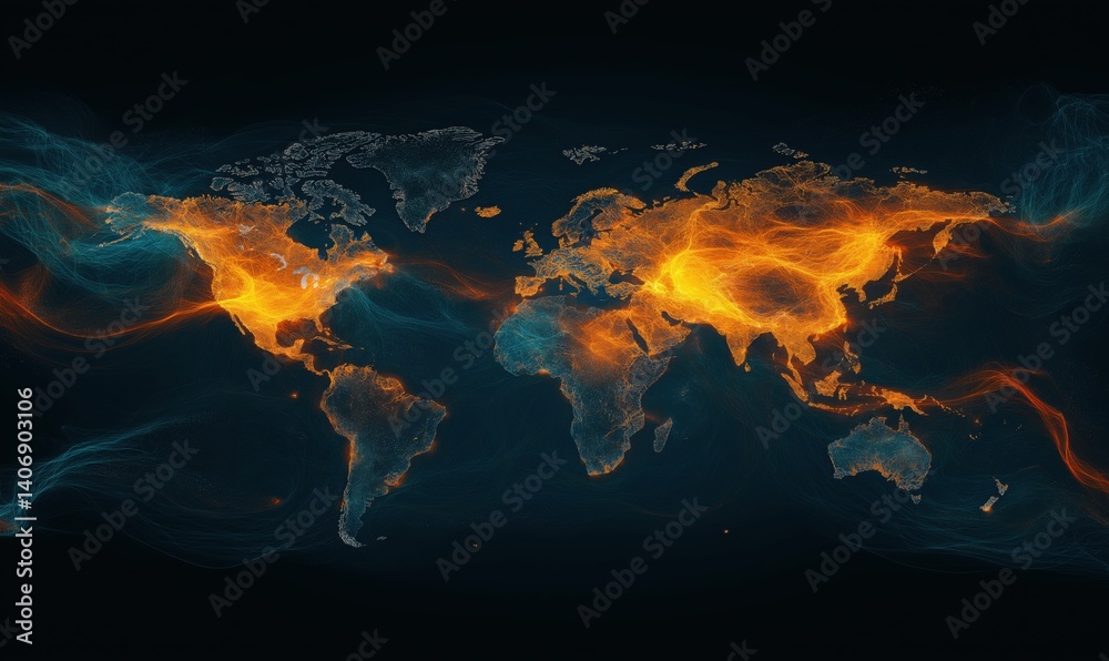 Poster global connectivity visualization with flowing light patterns and world map