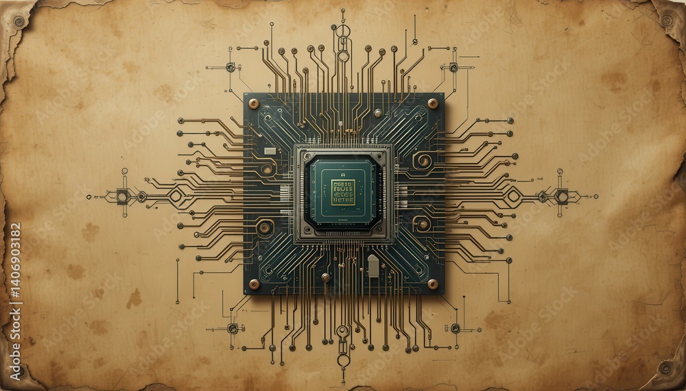 Aufkleber Intricate circuit board design with complex connections and a central component showcasing modern technology elements