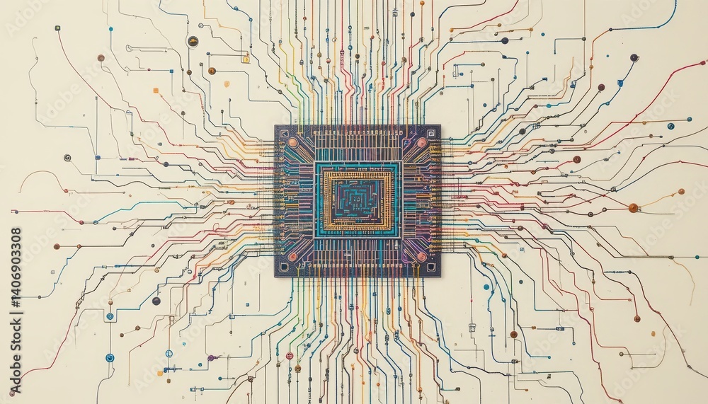 Poster colorful circuit board with vibrant lines and connections illustrating complex electronic pathways a