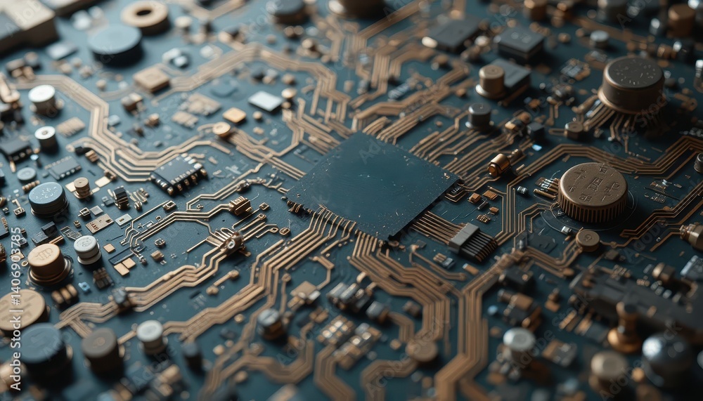 Poster A close-up view of a circuit board highlighting various traces and components essential for electronic functionality